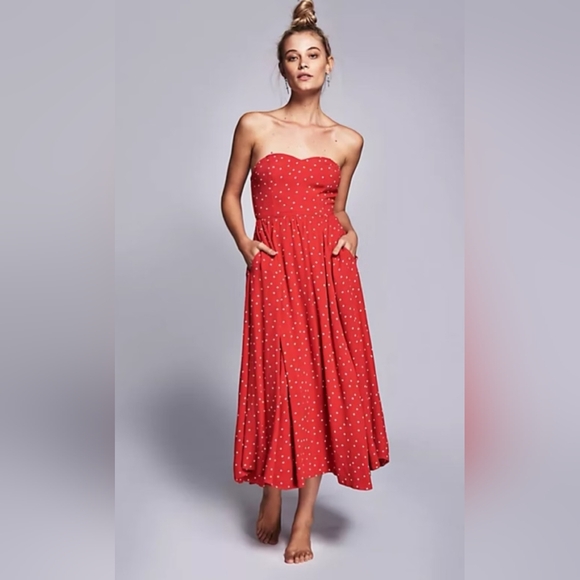 Free People Dresses & Skirts - Free people red with Polka Dot Midi dress. Strapless. Has pockets. Size small.